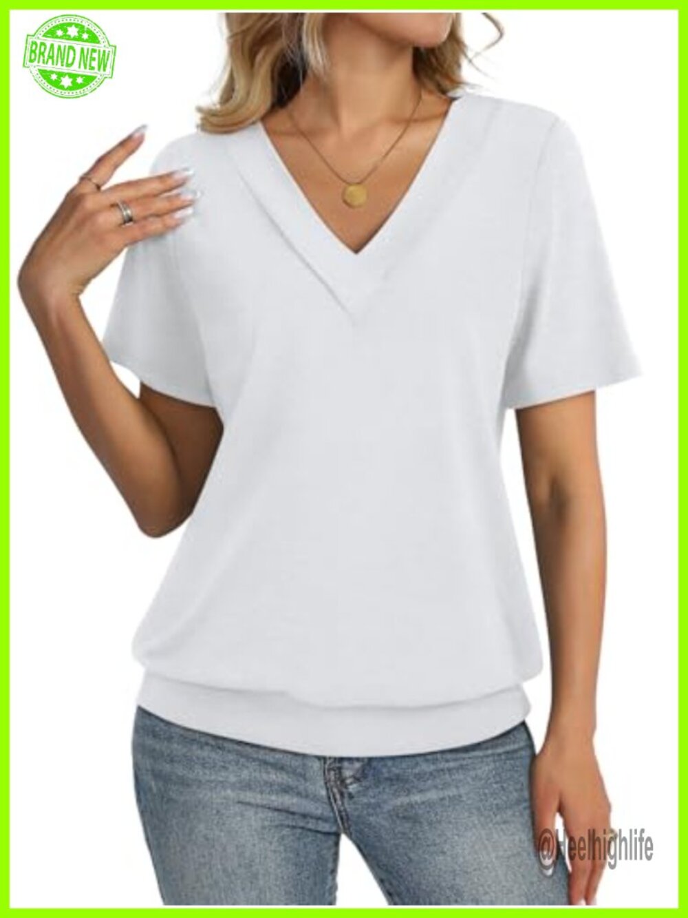 Womens Short Sleeve V Neck Banded Bottom Tunic T-Shirt Loose Fit Casual Top